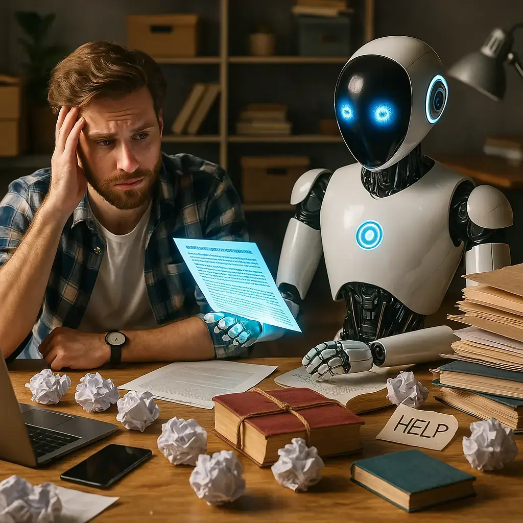 A stressed freelance writer surrounded by chaos while a calm AI assistant offers help