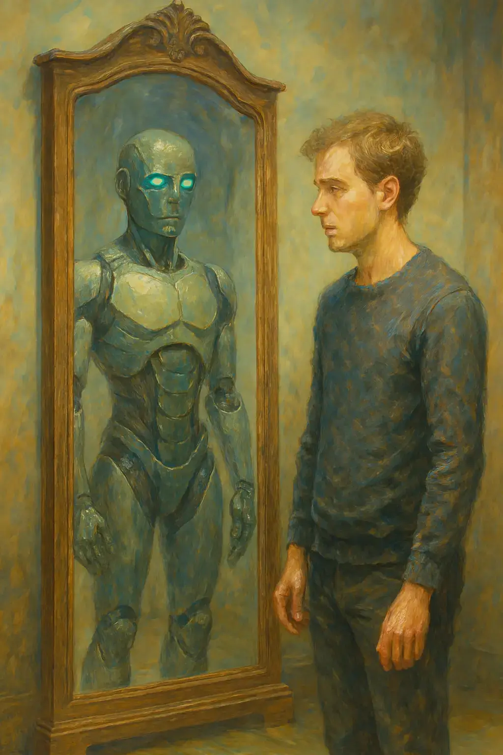 A person looking into a mirror and seeing a robot instead of themselves — a surreal image representing the fear of losing your voice to AI tools.