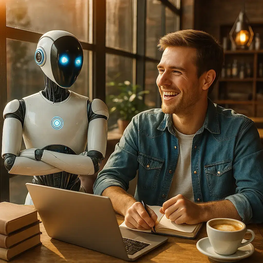 A relaxed freelancer working in a cozy café while an AI assistant helps finish the task