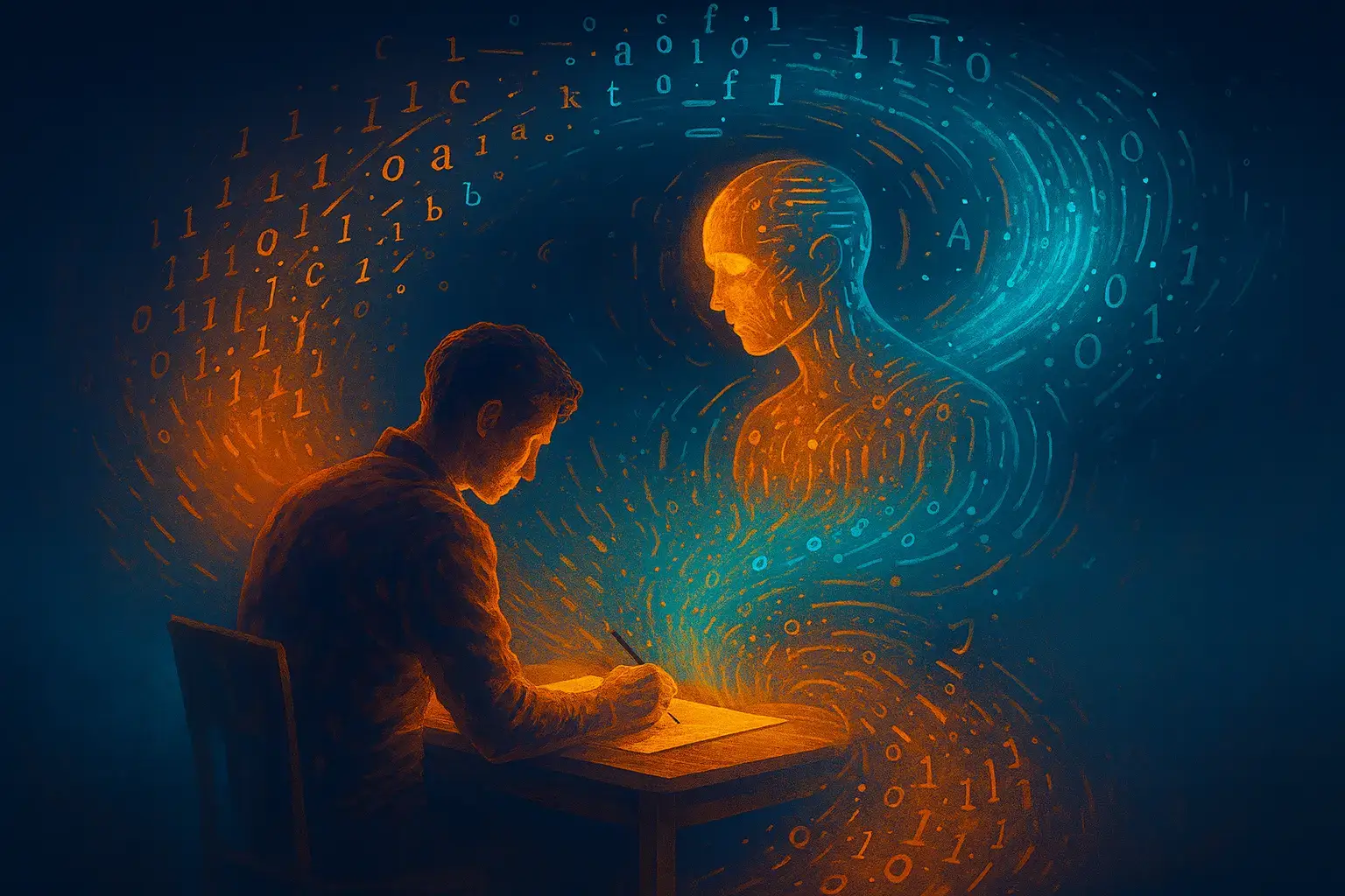 Surreal illustration of a copywriter training a glowing digital double