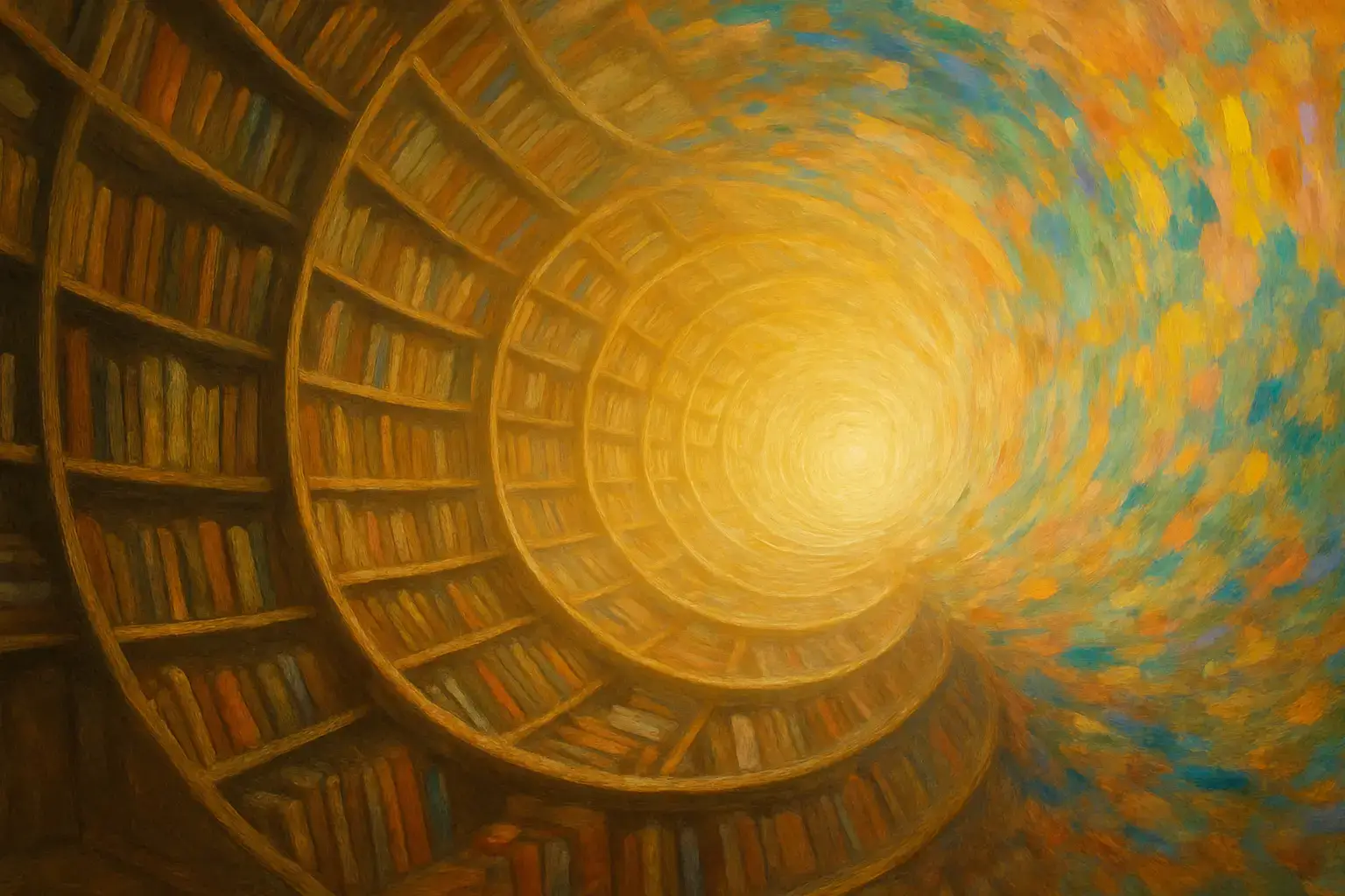 Oil-style painting of a curved, infinite bookshelf that shifts from realistic detail on the left to vibrant Impressionist color on the right, forming a warm vortex of light.
